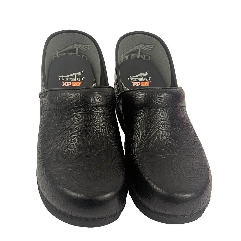 Dansko Women XP 2.0 Tooled Floral Black Leather Clog Slip Resistant 40 US 9.5-10